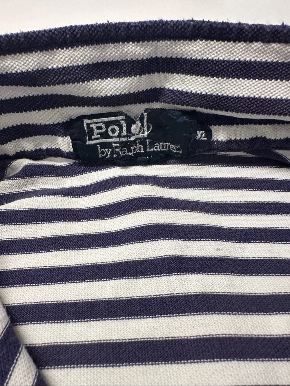 Ralph Lauren Navy and White Striped Polo with Gold Pony Emblem